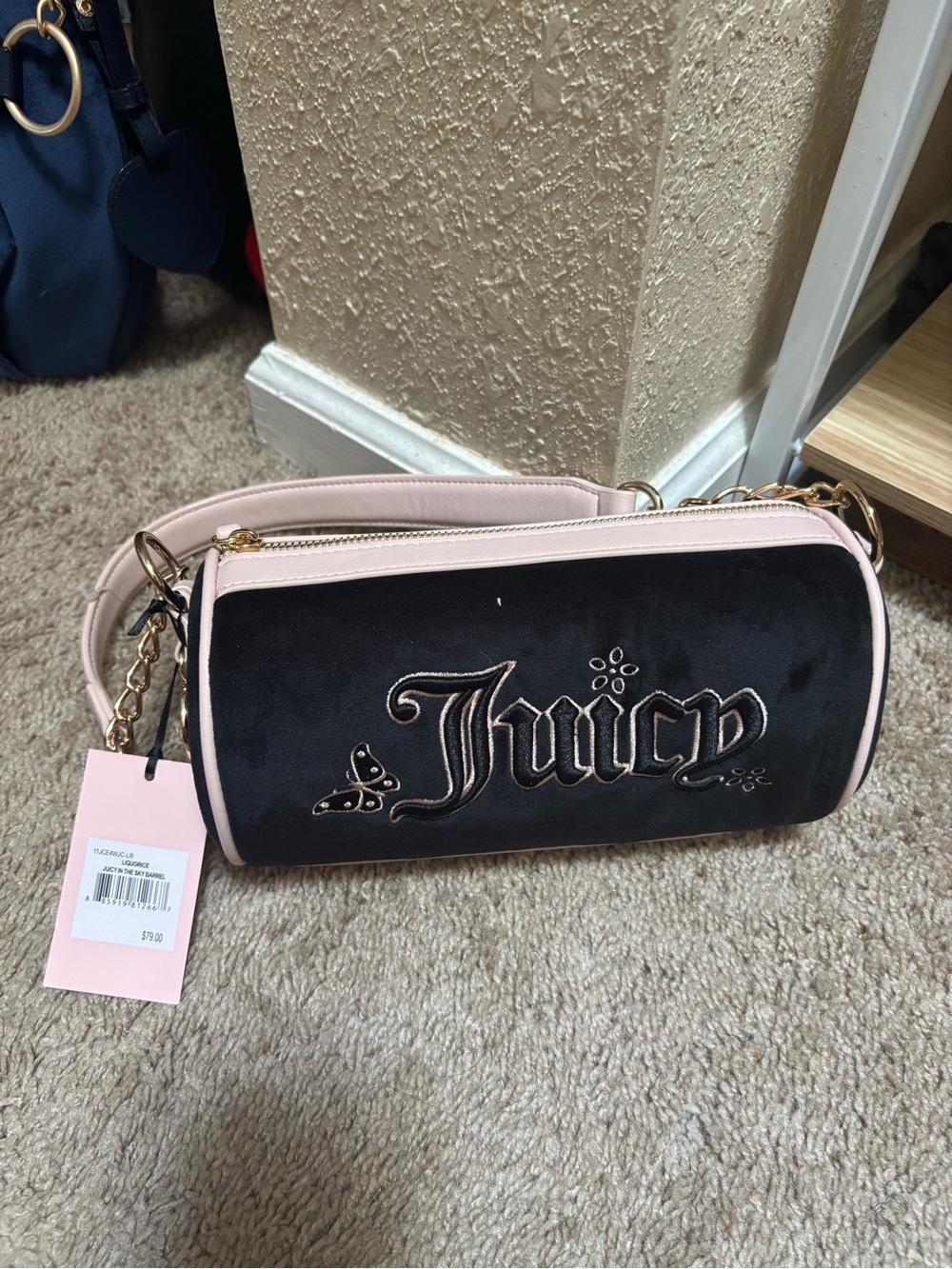 Juicy Couture Black and Pink Cylindrical Mini Shoulder Bag